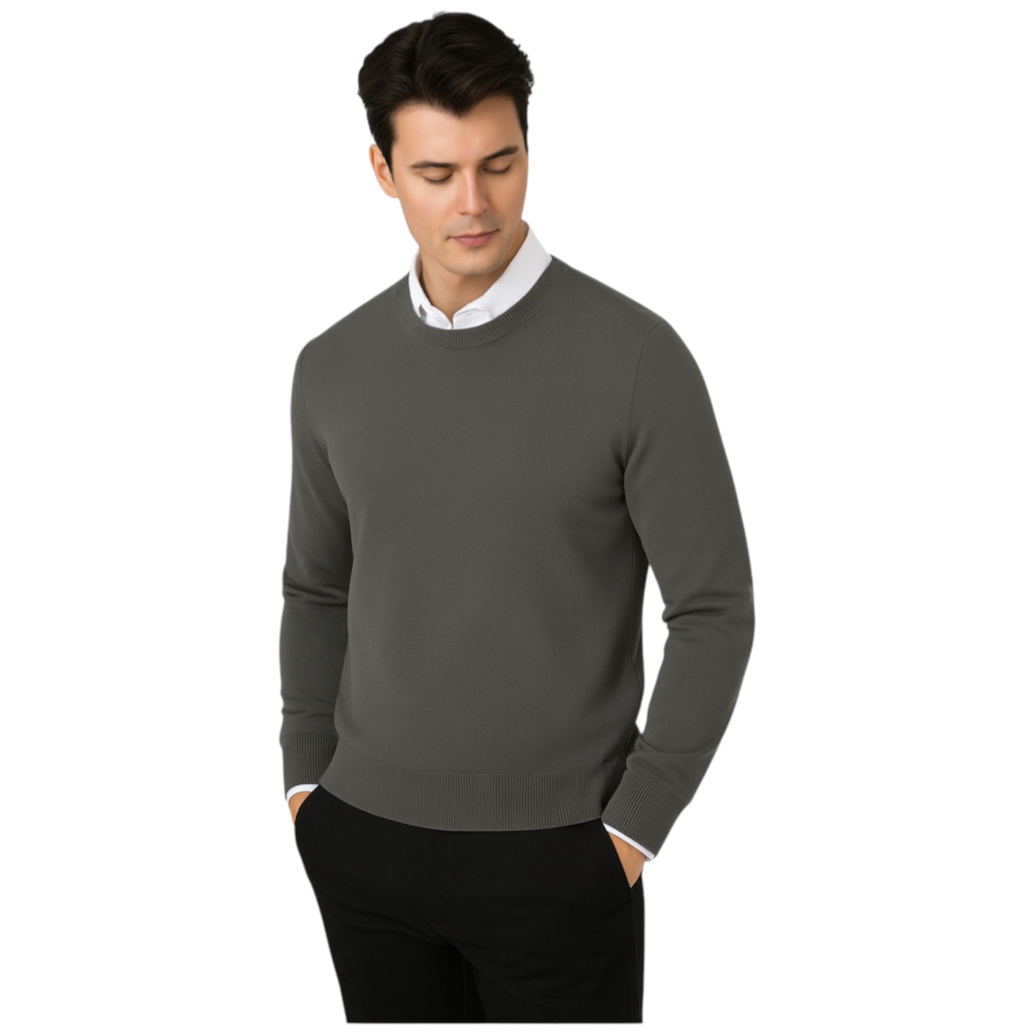 Men’s classic charcoal round neck jumper – soft knit pullover sweater with long sleeves